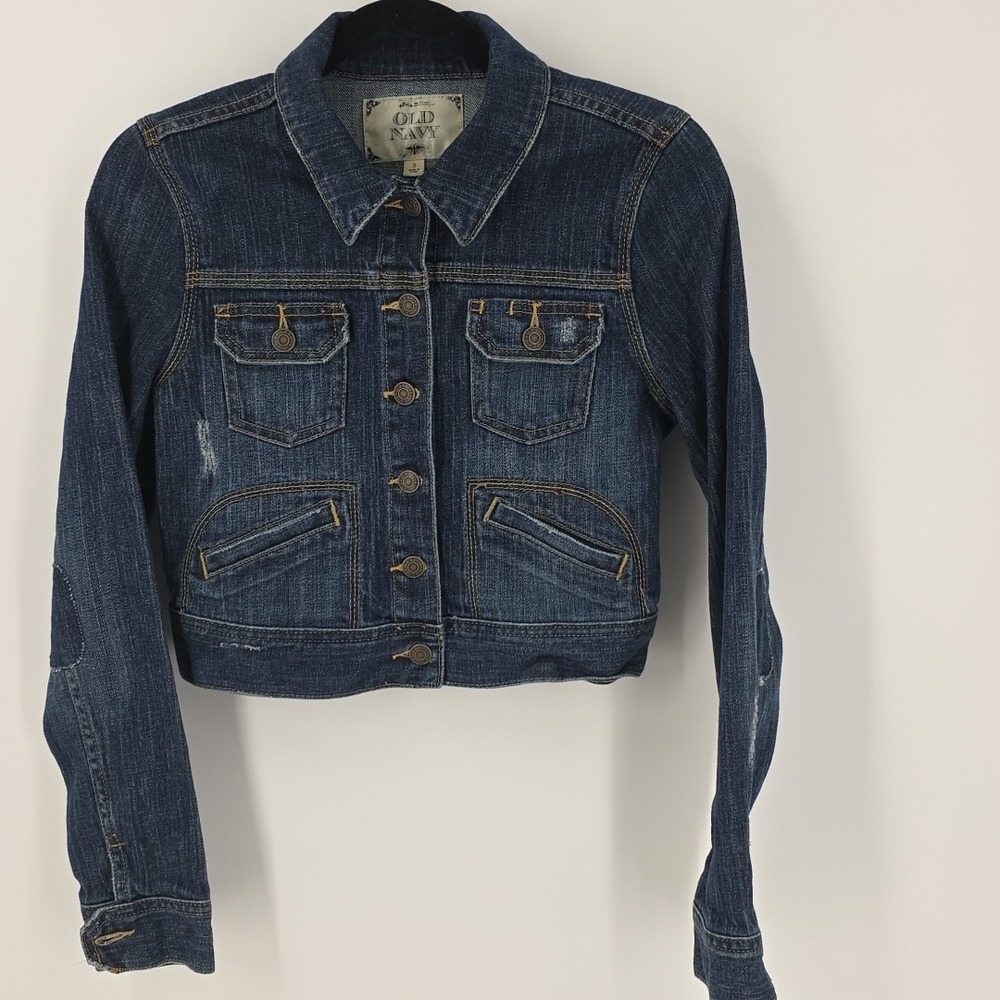 Old Navy Women's Cropped Denim Trucker Jacket‎ Blue Jean Button Front Size Small